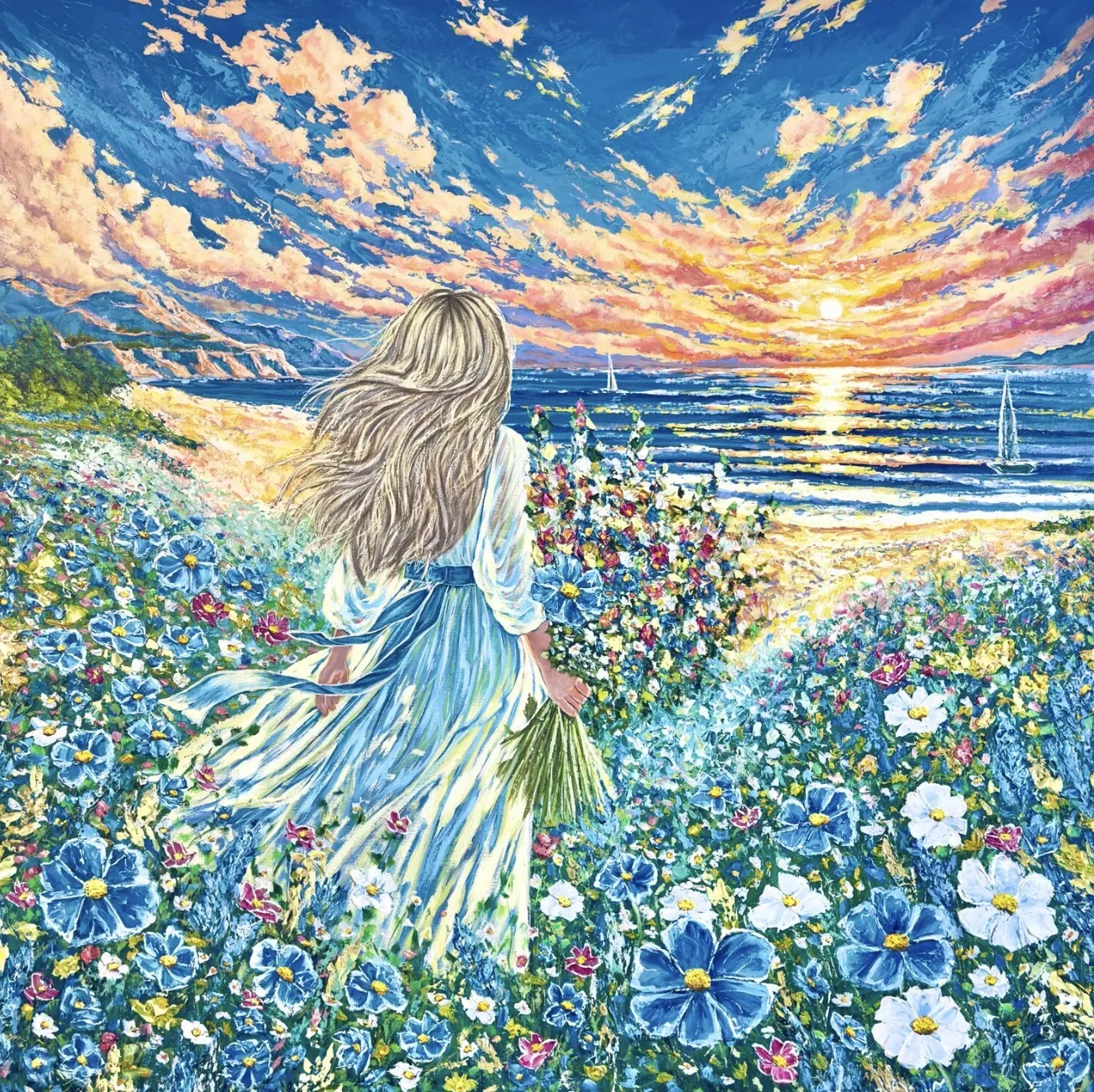 Image of Forever Summer by Elena Adele Dmitrenko, size: 48 x 48 in, made of impasto acrylic on canvas, Painting medium, from Poland, part of the Forever Moment's series, priced at $4600 Photo 1 of 9.