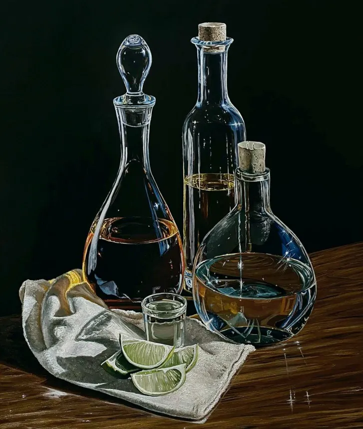 Image of Still life with bottles by Elena Adele Dmitrenko, size: 40 x 34 inches, 100 x 85 cm, made of acrylic on canvas, Painting medium, from Ukraine, part of the Still Life series, priced at $6200