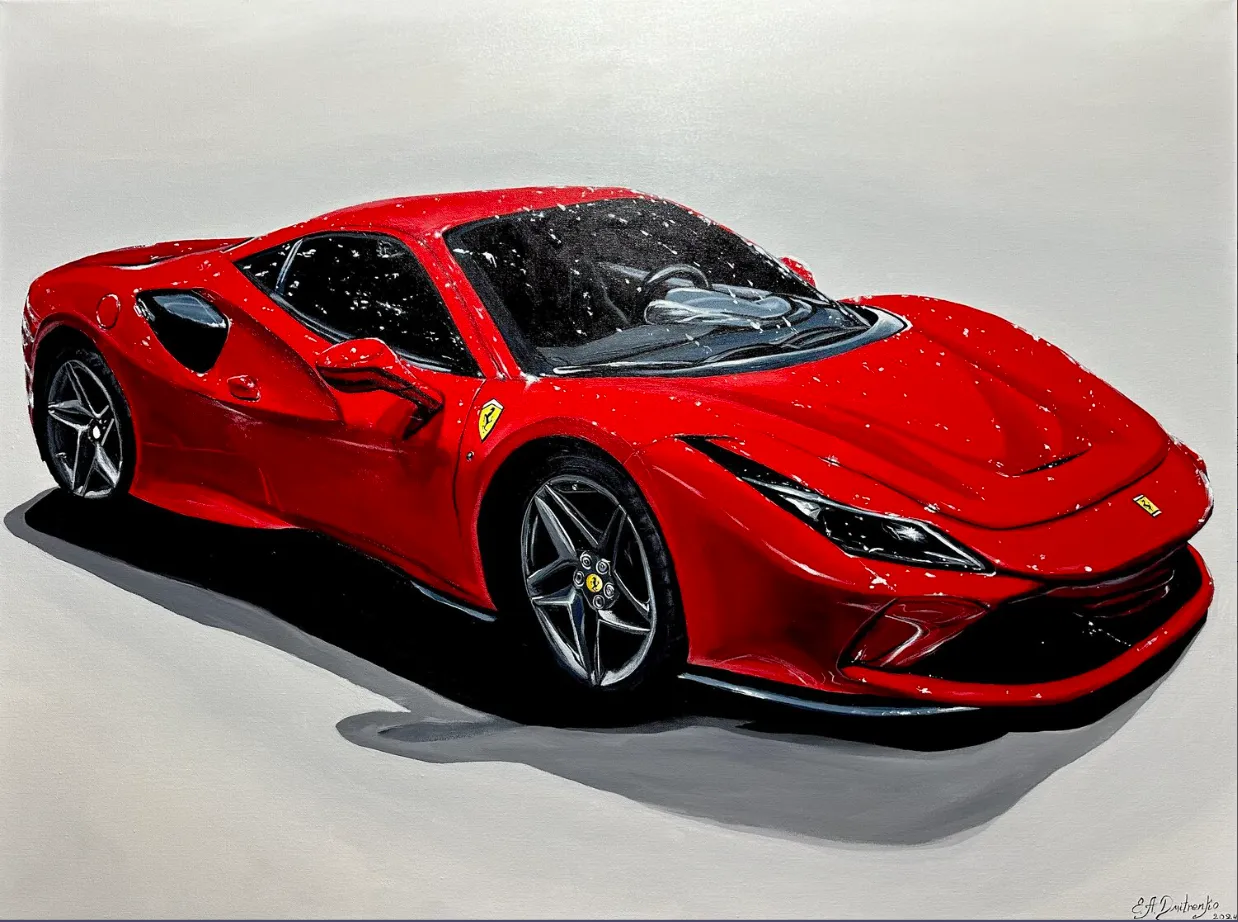 Image of Ferrari by Elena Adele Dmitrenko, size: 36 x 48 inches, made of acrylic on canvas, from Naples, Florida, USA, part of the Car's series, priced at €4600
