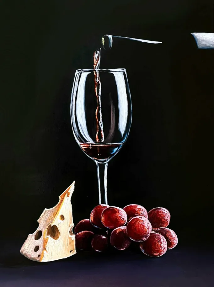 Image of Still life with a Red Wine and Cheese by Elena Adele Dmitrenko, part of the Still Life series