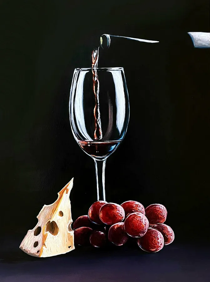 Image of Still life with a Red Wine and Cheese by Elena Adele Dmitrenko, part of the Still Life series