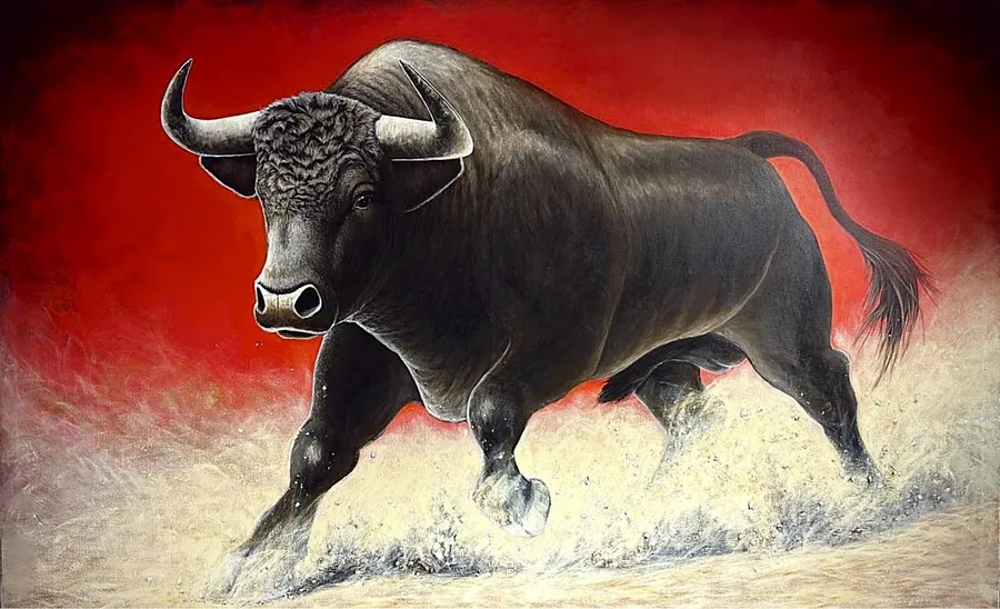 Image of Bull by Elena Adele Dmitrenko, size: 70 x 120 in / 178 x 305 cm, made of acrylic on canvas, Painting medium, from Poland, part of the Animals series, priced at $12800