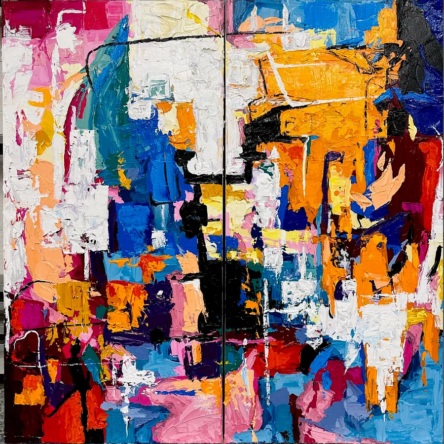Bild von Lebhafte Träumerei (Diptychon) von Elena Adele Dmitrenko, Größe: 48 x 48 in, hergestellt aus Acryl-Impasto auf Leinwand, Malerei Medium, Teil der Abstraktion Serie, zum Preis von $5800