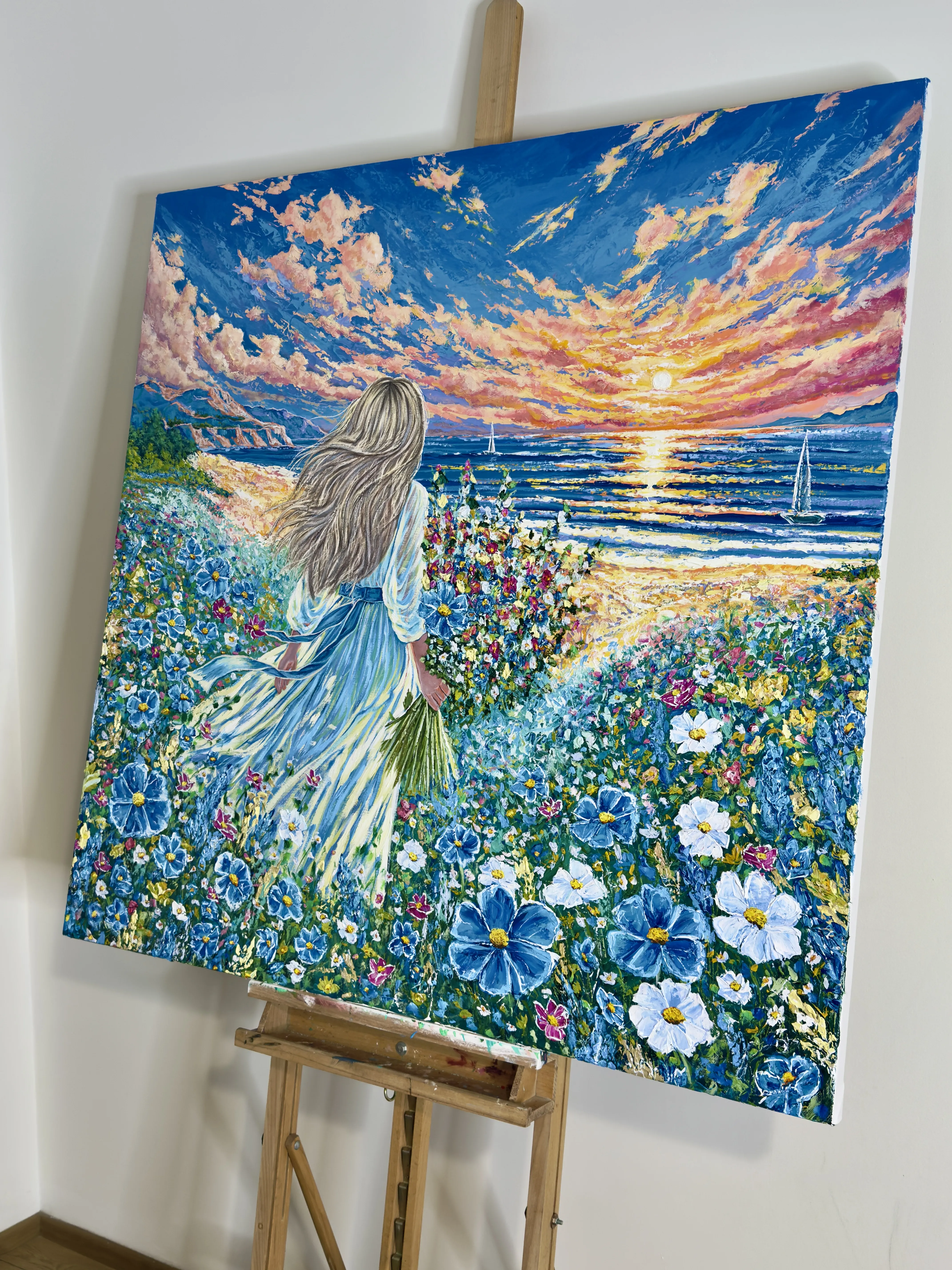 Image of Forever Summer by Elena Adele Dmitrenko, size: 48 x 48 in, made of impasto acrylic on canvas, Painting medium, from Poland, part of the Forever Moment's series, priced at $4600 Photo 6 of 9.